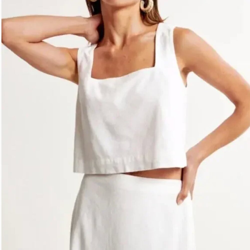Abercrombie & Fitch Square Neck Linen Crop Top White XXS